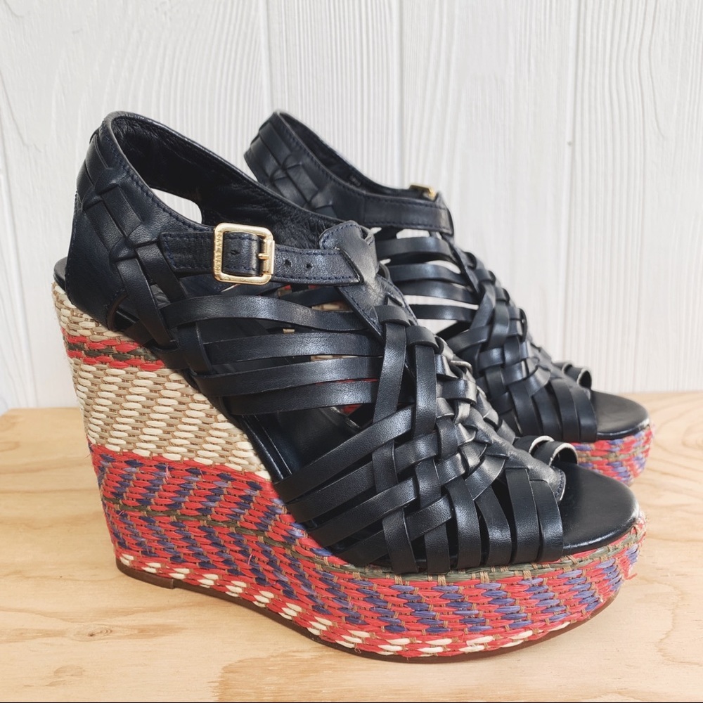 Tory Burch Raven Leather Raffia Wedge Sandals